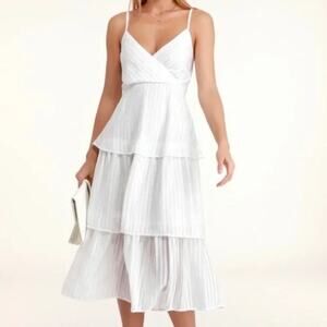 LULUS Blaine White Striped Chiffon Tiered Midi Dress size XS
